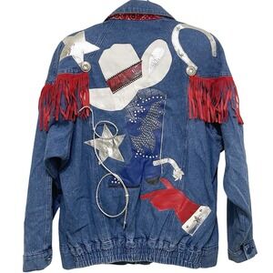 Vintage Opal Denim Leather Jacket Cowgirl Rodeo Country Western‎ USA 80s 90s S M